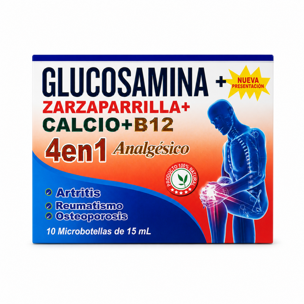 Glucosamina + Zarzaparrilla + Calcio + B12 4 en 1 - 10 microbotellas