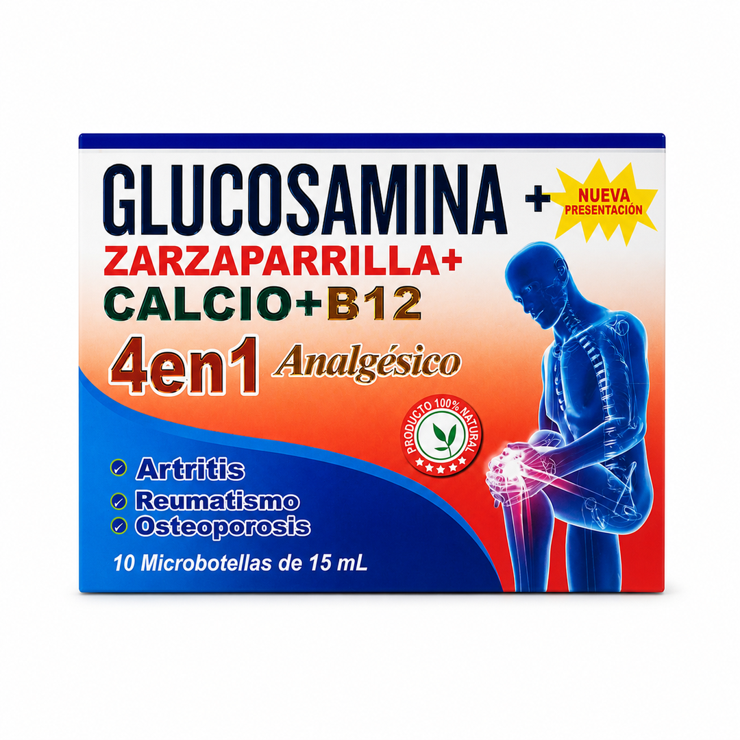 Glucosamina + Zarzaparrilla + Calcio + B12 4 en 1 - 10 microbotellas